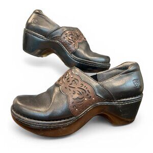 Ariat Tambour Clog Mule Black Leather Stud Brown Laser Lace Shoes Womens Sz 8 B